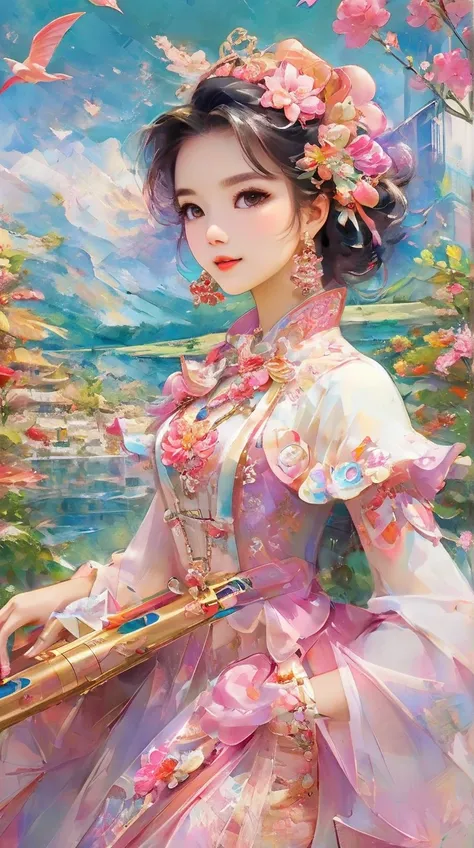 (((masterpiece))), ((ultra-detailed)), Abstract style cute, smoke, in the sky, colorful and vibrant, mystical colors, contemporary impressionism, yanjun cheng portrait painting, iridescent perspective view ,low angle, sweeping circling composition, large b...