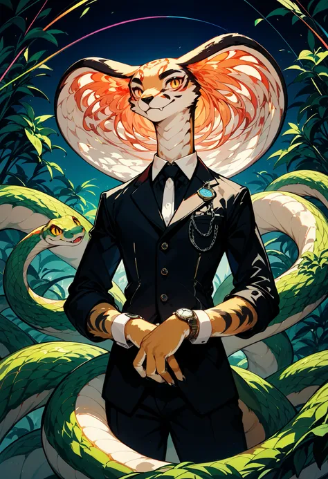 (cover page, best quality, high resolution, ultra-detailed)silhouett(kemono, furry anthro)holding striking pocket watch, surrounded by flowers, snakes and darkness, illustrative rendering, intricate details, mysterious atmosphere, vibrant colors, dynamic l...