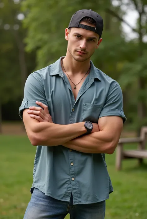 photorealism: 1.2), A handsome boy, muscular european, gorra snapback, relaxed pose, realist, Camisa oversize, jeans, Crossed arms, watch, park