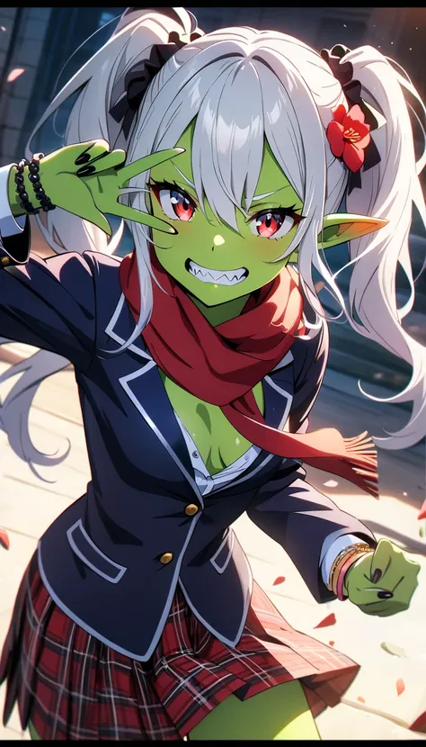 anime style,(best quality,4k,8k,highres,masterpiece:1.2),ultra-detailed, perfect eyes, perfect face, perfect lighting, photo,BREAK, 
goblin-girl,( jagged teeth:1.2),(green-skin:1.3), red-eyes,skinny, (small-breasts:1.2),pointy-ears, (twin-drills), flower, ...