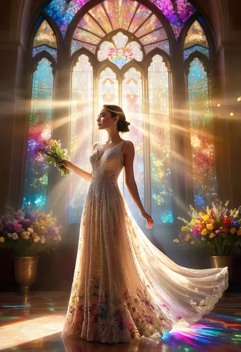 Ballroom,  Pouring sunlight ,  colorful flowers,  Woman in an evening dress standing , Floral lace dress,  Rays of light shining through a large stained glass window, Flowers and light particles floating in the air , Lots of lighting,  Great Atmosphere ,
A...