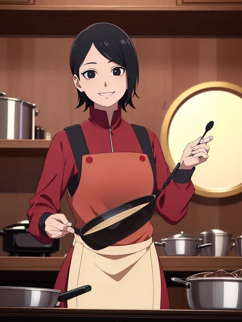 (high res, 8K, masterpiece, looking at viewer, best quality, very aesthetic, ultra detailed, ultra background, ultra Eyes) intricate details, 1girl, Sarada, Black Short Hair, Chocolate Apron, Black Eyes, Smile face, Red cheeks, Cooking, Body Back, Backgrou...