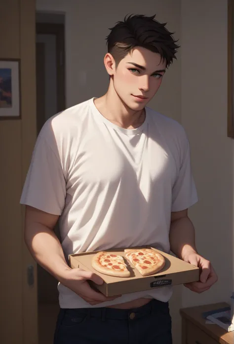 Score_8,   a middle-aged slightly fat casual man wearing clothes and 、 standing in a room with dim lighting 。He holds a pizza box in his hand 、 has a puzzled expression while looking inside 。 in a slumped position 、 his dissatisfied expression can be seen ...