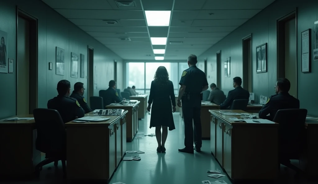 Best quality, highres, ultra-detailed, cinematic horror scene. The reception area of an office building stands eerily deserted, with Valentina as the sole visible presence, surrounded by police officers investigating the empty space The desks are in disarr...