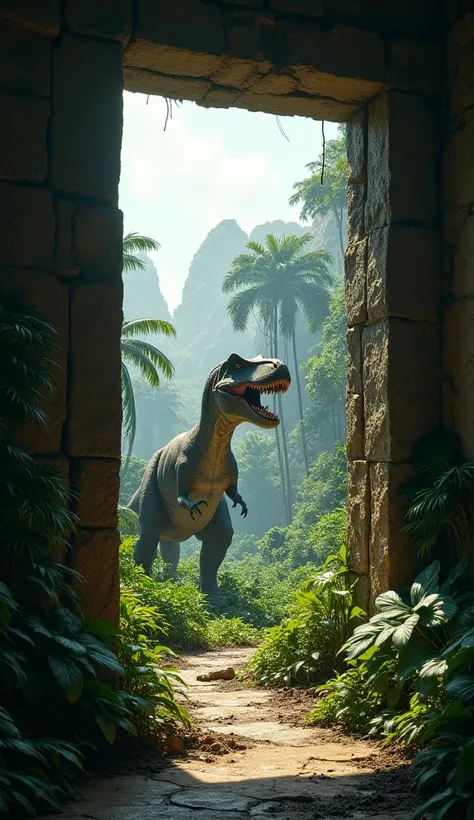 (32K image:1.1), (sharp focus:1.3) 4K UHD, ultra-realistic .front view. open rectangular door with a view of a jungle with giant Trex , very detailed, 1 opening , 1 .  professional photo