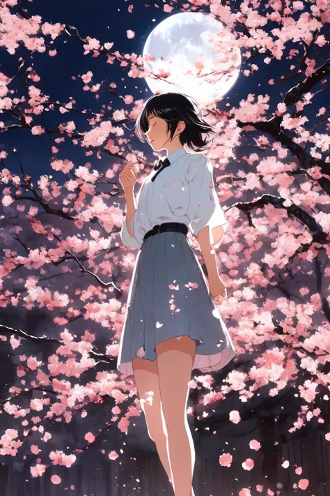 On a quiet night illuminated by the full moon, a boyish girl stands alone under a dimly lit cherry tree and sings. The cherry blossom petals reflect the light and can be felt in the air. She is wearing a white shirt, a black tie, and casual pants, and sing...