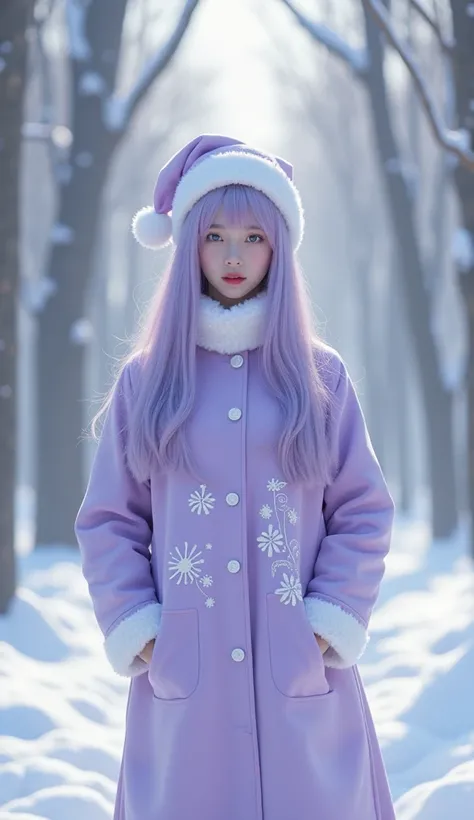  imaginary　snow　forest　 light purple coat　White embroidery　 cute　 young Japanese woman 　Light purple long hair 　 Santas light purple hat　 facing the front 
