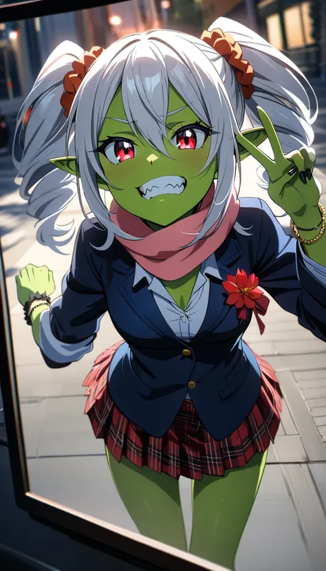 anime style,(best quality,4k,8k,highres,masterpiece:1.2),ultra-detailed, perfect eyes, perfect face, perfect lighting, photo,BREAK, 
goblin-girl,( jagged teeth:1.2),(green-skin:1.3), red-eyes,skinny, (small-breasts:1.2),pointy-ears, (twin-drills), flower, ...