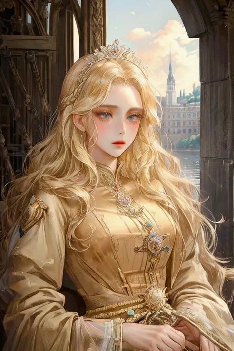 (masterpiece),( very detailed ) ,( Very detailed), ( beautiful face ), ( perfect face ), Blonde,  wavy hair , Long hair , Walleye, mature face,  innocent face , Wearing a European-style princess dress,  romance fantasy , 20s, female, Alone, Imperial Palace...