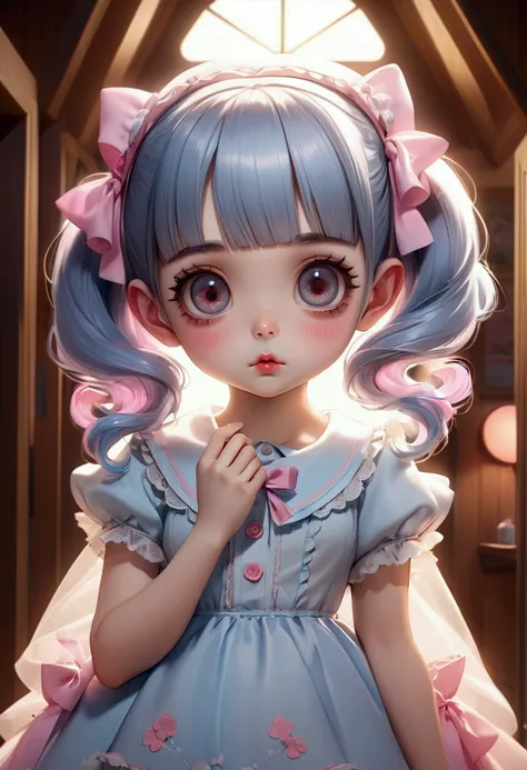 Cute  Melanie Martinez as a very cute anime character, Cartoon Character, Unreal Engine Warm Interior Lighting Art Station Detailed Digital Painting Character Design Mark Ryden Pixar Hayao Miyazaki Unreal 5 Dazz Hyper Real - Octane Neon Rendering