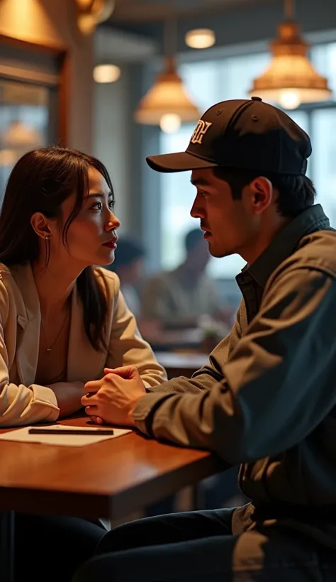 Generate the image of a couple ,  the man is sitting at the table wearing a cap and with a slight expression of discomfort and the woman is sitting next to the man,  talking to him ,  restaurant scene , Ultra realistic style