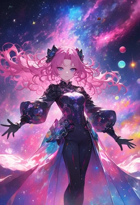  a colorful universe with a theme of stars and shades of pink , It is a space environment , They adorn stars ,  planets and the lack of gravity makes everything float ,  the central character based on a black girl with short pink hair,  the queen of space ...