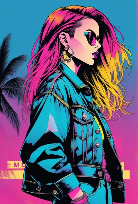 ((Illustrator)), flat color, elegant, sketch,Cartel de los 80, 1 girl, Punk rock girl, Glossy lip, jean jacket,  shoulder studs, order, very modern elegant , mohawk hair  ((gradient)) bottom,  Long neon hair ,  Textured crop , ( masterpiece ,  better quali...