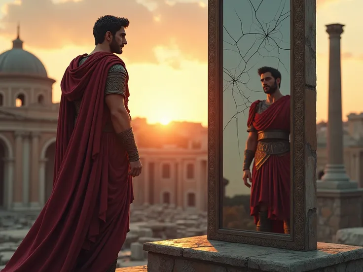 Statue of Roman Emperor Hadrian, with a thoughtful expression, wearing a military tunic and armor, standing tall on a stone pedestal, gazing at a large, cracked mirror reflecting his own figure, *background filled with Roman ruins and soft twilight, *hyper...