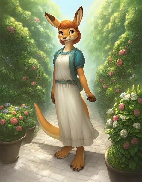 score_9, score_8_up, score_7_up, source_furry, ((masterpiece)), best quality, 1girl, solo, (anthro), (anime style:1.3, detailed background, garden), (full body, smile face),     sheila_kangaroo,