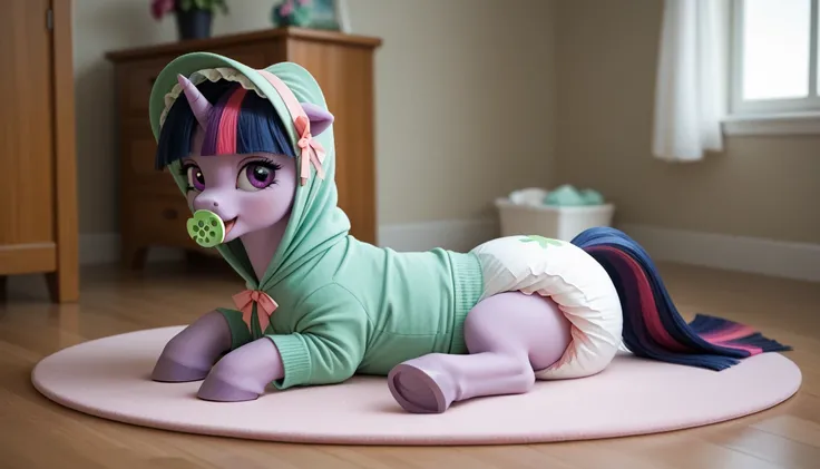 pony unicorn alone ,  Twilight Sparkle, filly , the mane is assembled in a green bonnet ,  dark blue tail with a purple strand and a pink strand,  purple eyes , sits in the room on a soft play mat, dressed in a green onesie,  green pacifier in her mouth , ...