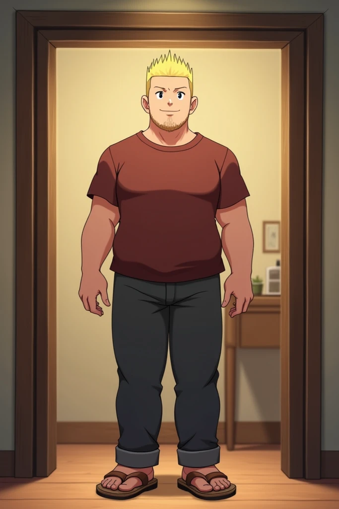 Tall Man, with round face, short thin yellow haircut, less chubby, muscular, in Anime, wearing his mahogany shirt, dark gray pants, brown sandals, standing at the private room