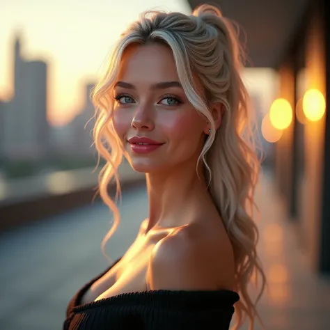 Render a portrait of a 25-year-old American woman with a flawless fair complexion and ethereal gray eyes that reflect light beautifully. Her platinum blonde hair is styled in soft curls that frame her sharp jawline and defined facial features. Her sweet, d...