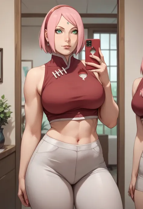 Sakura Haruno short pink hair green eyes medium large breasts healed belly thick legs big thighs healed with cell phone in her bare hand in front of the mirror posing sexy without clothes