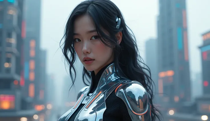 a young asian woman with jaw dropping beauty is wearing sleek, high-tech armor with glowing energy lines, semi-transparent force fields shimmering over elegant forms. the armor has holographic displays, energy shields, and adaptive camouflage into the armo...