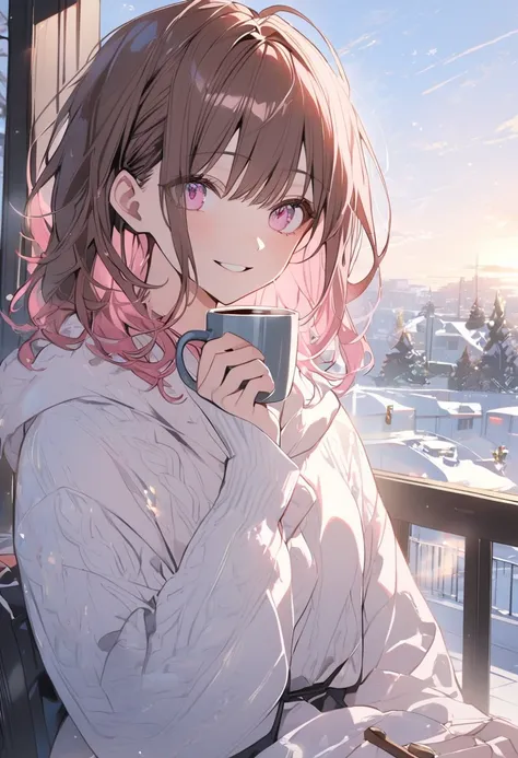   handsome, Alone,  1 Woman ,  medium hair,  brown hair, Pink highlights on the tips,  pale pink eyes,morning,White long sleeve,smile, blue sky,coffee， Christmas