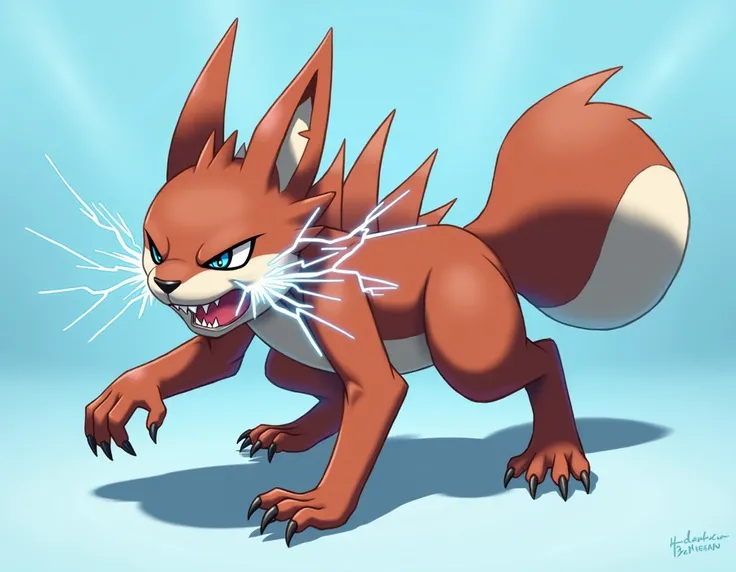 I want you to generate an angry Pokémon squirrel with an attack position on a light blue background