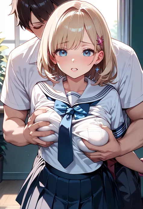 (masterpiece, best quality, ultra detailed, high resolution, detailed facial description), (1 girl:1.3), school uniform, (1 boy:1.3), (grabbing girls breast:1.3, groping girls breasts:1.3, hand under clothes from behind:1.3), crass room