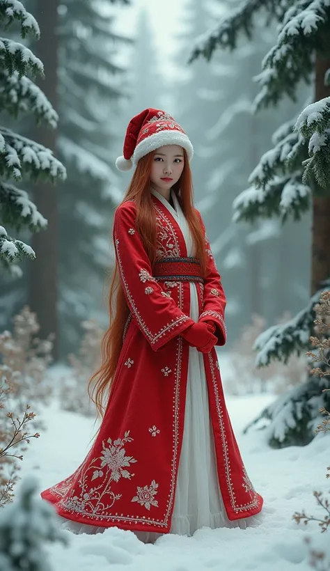  imaginary　snow　forest　Red coat 　White embroidery　 cute　 young Japanese woman 　 long red hair 　 Santas red hat 　 facing the front 　 with hands folded behind
