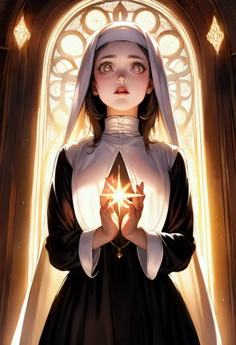  A nun with sparkling eyes ,  ,  neat lips , with modest ,  with a slightly surprised expression on her face ,  standing inside a large temple illuminated by bright rays of light