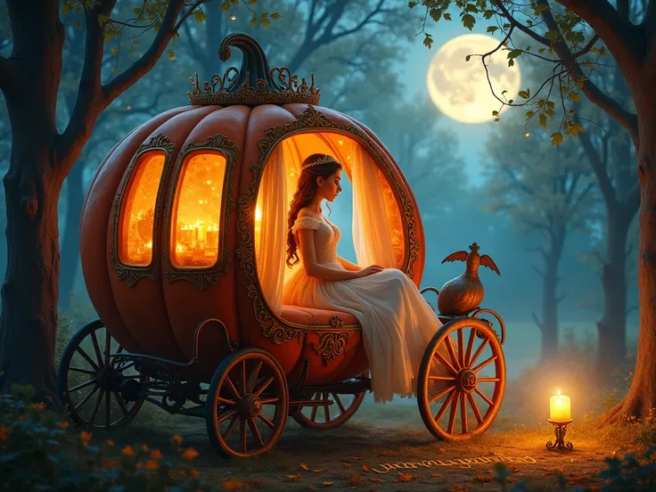   Beautiful fairytale princess in a pumpkin carriage, ( vibrant colors , high saturation,  rich shades ) magic scene, (fairy tale) fancy, (Detailed)  adorned carriage , (dorado)  carved pumpkin , ( round) glass windows, (sparkling,  lighting :1.2)  carriag...