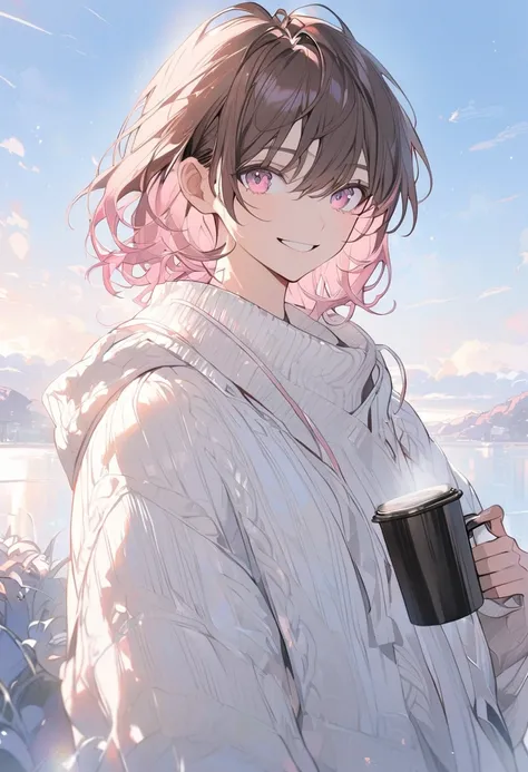   handsome, Alone,  1 Woman ,  medium hair,  brown hair, Pink highlights on the tips,  pale pink eyes,morning,White knit，smile, blue sky,Holding coffee in hand