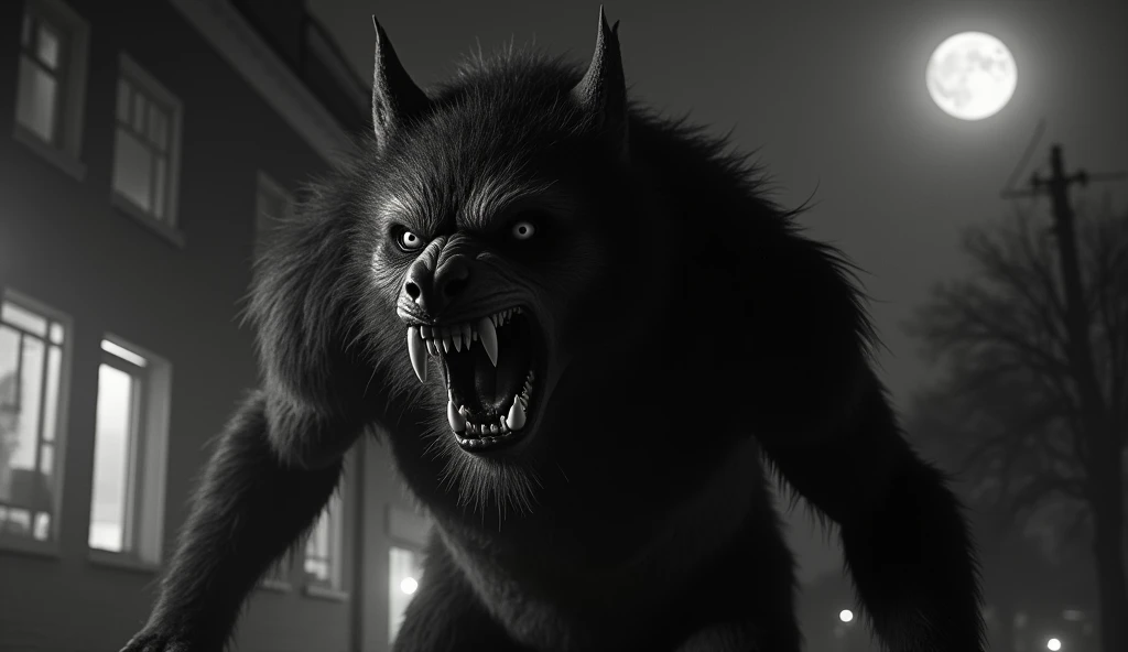 A grainy, noisy black and white photograph of a tall, deformed werewolf, covered with black fur with enormous teeth, front of an old hospital at night, dark ambient at night. The creature, with wild eyes, a guttural growl. In the background, theres a full ...