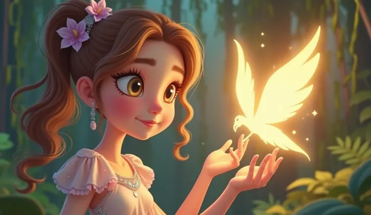 In a dense, magical jungle, a  named Laylla, around , with bright, curious eyes and flowing hair, walks carefully through the foliage. She wears a delicate dress made of soft fabric in pastel colors (like pale pink and light blue) adorned with tiny floral ...