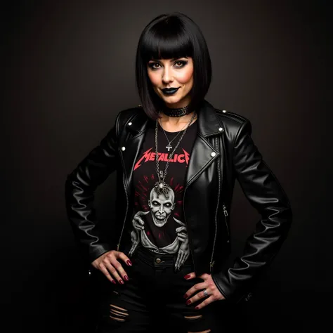 "Create a glamorous portrait of Stacey Kelly, a 46-year-old woman confidently embracing her gothic makeover. Stacey has jet-black hair styled in a sleek, neat bob, accentuating her sharp and elegant features. She wears a bold and edgy outfit: a fitted blac...