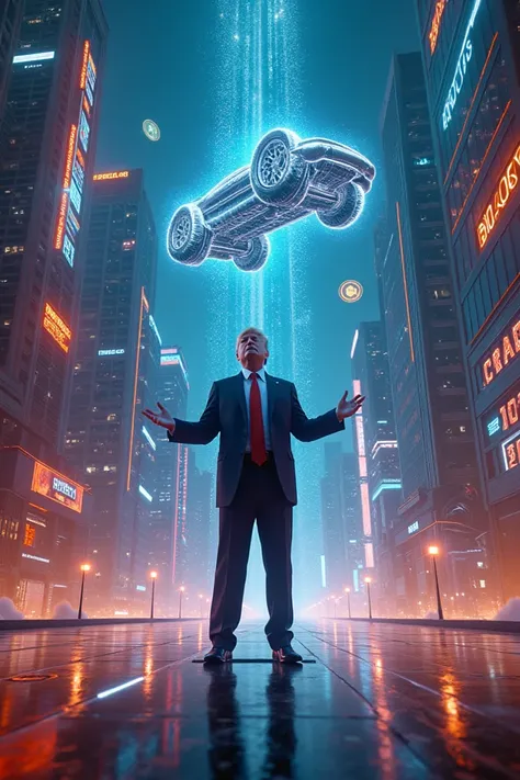 Title: Futuristic Fusion: Tesla, Trump, Markets, and Crypto

A strikingly futuristic scene where Teslas advanced technology meets the dynamic worlds of politics, stock markets, and cryptocurrency. Picture a glowing Tesla Cybertruck floating above a neon-li...