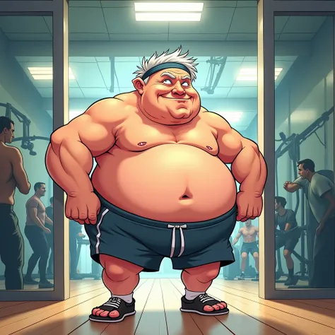 Make a cartoon image of an obese elderly person stepping in a gym 