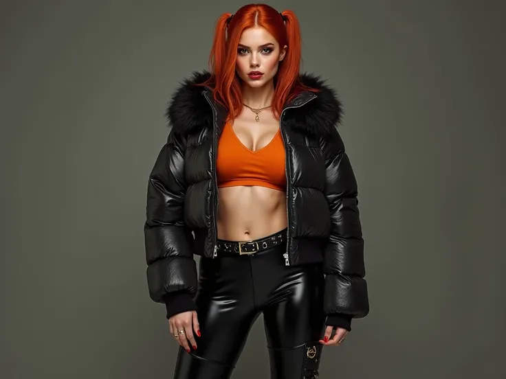 beautiful muscular woman, Bleck furr Jacket, Orange latex crop top, black Latex Leggings, Military boots, rounded ass, spreading ass, Red Hair Color, Straight Pigtails Hair Style, Brown eyes, red/black makeup eyes, Freckles, matte lipstick, Ginger, rounded...