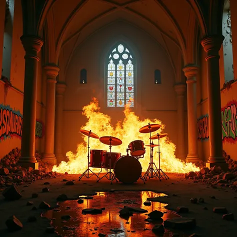 A musical drum set on fire inside a ruined church with street graffiti