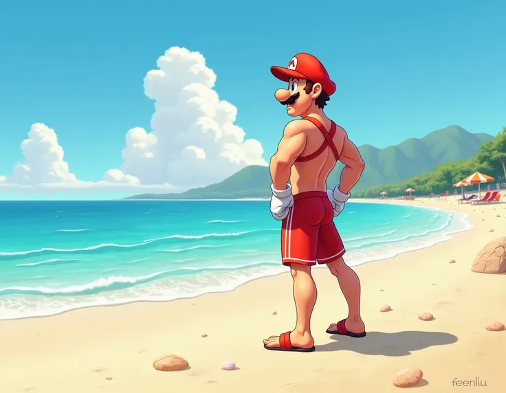 "A full-body image of a character inspired by Mario, standing on a sandy beach and looking out at the sea with a happy expression. He is wearing a bright swimming outfit, such as red swim trunks and a matching cap, and has a muscular physique. The backgrou...