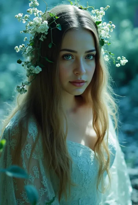 RAW Photo of Slavic woman in her 30s, light brown long straight hair, Arafed Woman with flowers in her hair, Ethereal hair, Ethereal Beauty, celeste.  detailed hair, ethereal fairy tale, Inspired by fantasy, with long turquoise hair, In the style of Anna D...