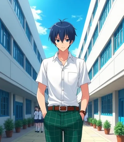 A 17-year-old anime-style boy , To Love Ru,  walking in the outdoor corridors of a huge 4-story white school with blue tinted windows with medium-sized flower pots in the surrounding area,  with some students in the surrounding area wearing the same unifor...