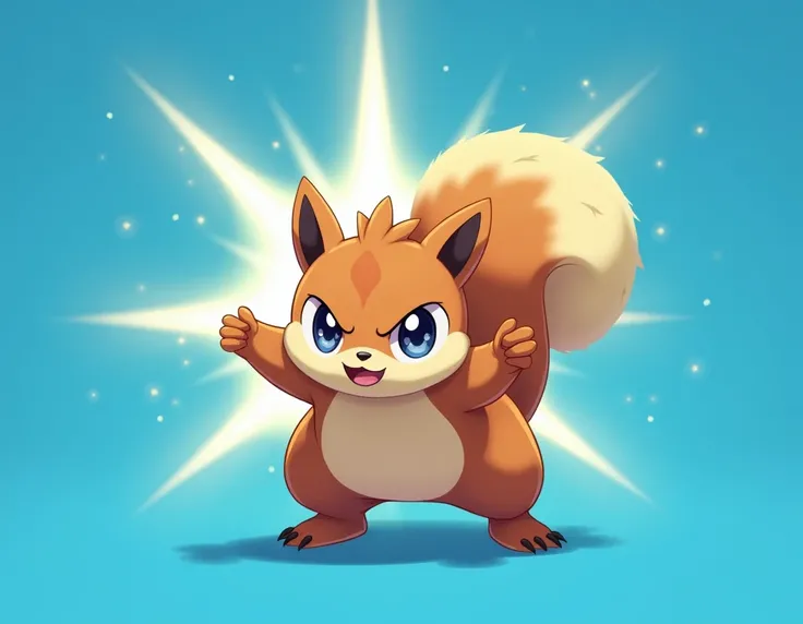  I want you to generate a cute angry Pokémon squirrel with an attack position on a blue background. If you put rays that are heavenly  