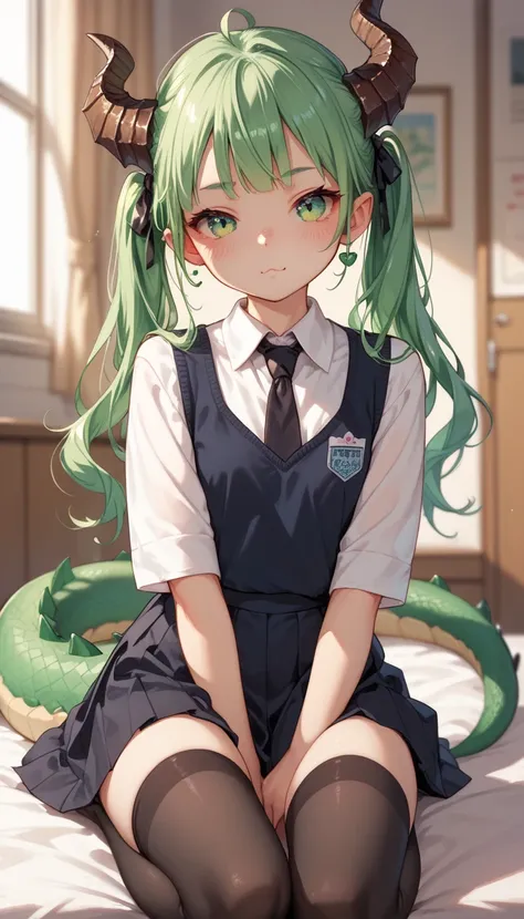 young,  green hair ,  green eyes,  blushed face, dragon horns, petite body, dragon girl/Human,  schoolgirl costume  (camisa blanca, black tie, Black miniskirt,  black stockings)