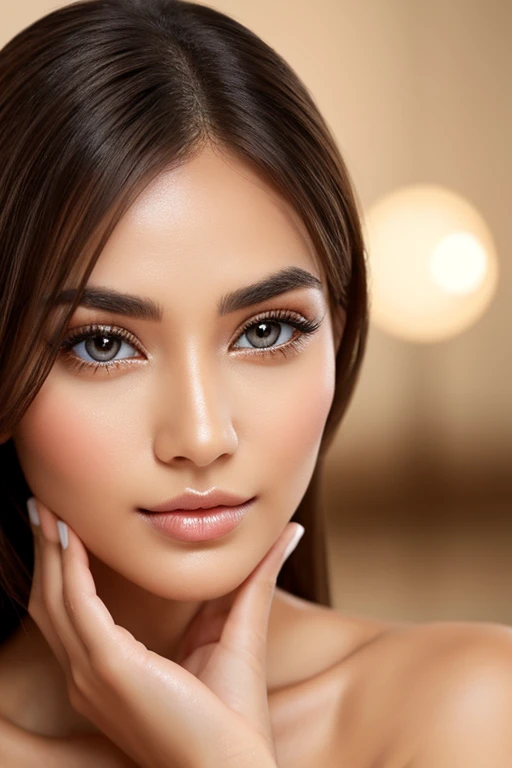 Almond-shaped eyes ringed with thick lashes, gaze both intense and contemplative, skin smooth as silk with a luminous quality that suggests inner radiance