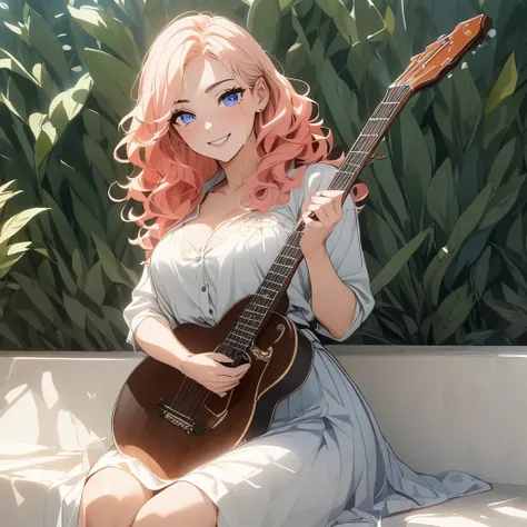 Anime woman,    coral hair, wavy,  , blue eyes, holding a guitar, sitting on a chair at a party,one woman واحدة, دقة عالية, علم التشريح صحيح, أفضل جودة, دقيق, عمل رائع, 