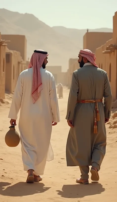 realistic photo,  Ancient arab civilization , a man in white Muslim clothes walking in the desert village , meet and talk a Grey suit by hiding a stone jug bottle behind him, chatting, a desert village setting  