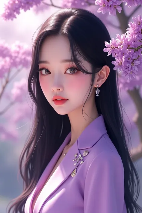 Create a realistic digital illustration of a young Korean woman with delicate and elegant features, inspired by K-pop aesthetics. She has fair skin, long, straight black hair with a subtle shine, and neatly styled. Her face has a soft and harmonious shape,...