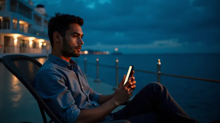 "A 25 year old young man, Indian,  is resting outside a cruise ,  looking out at the vast sea at night .  He is sitting in a comfortable chair outside the ship , with the cell phone in hand,  sending the message to friends :  First VIP service completed . ...