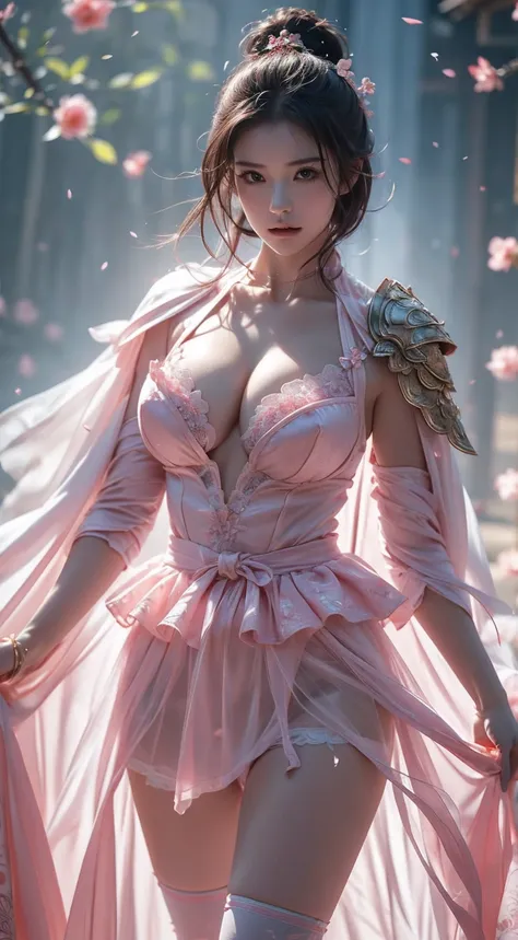 A sexy female character wearing pink armor as a warrior from the Sengoku period、((bob cut))、 bob cut 、((toned body))、(glistening skin)、 toned body、((mega breasts 1.8))、 plump breasts 、 plump thighs 、 Pink armor with a camellia pattern engraved on it is bik...