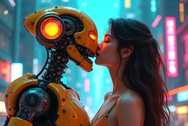 (Beautiful cute young brunette woman), futuristic cyberpunk attire, kissing a steampunk robot machine, (vivid primary and secondary colors), (highly detailed), playful atmosphere, intricate mechanical design, bright accents, contrasting textures, whimsical...